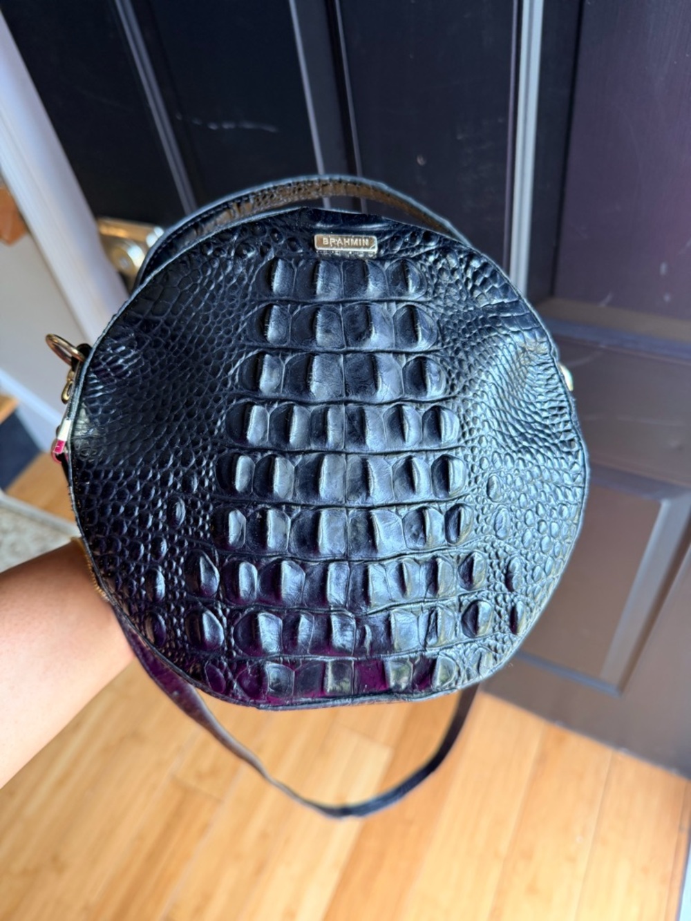 Brahmin Black Croc-Embossed Round Crossbody